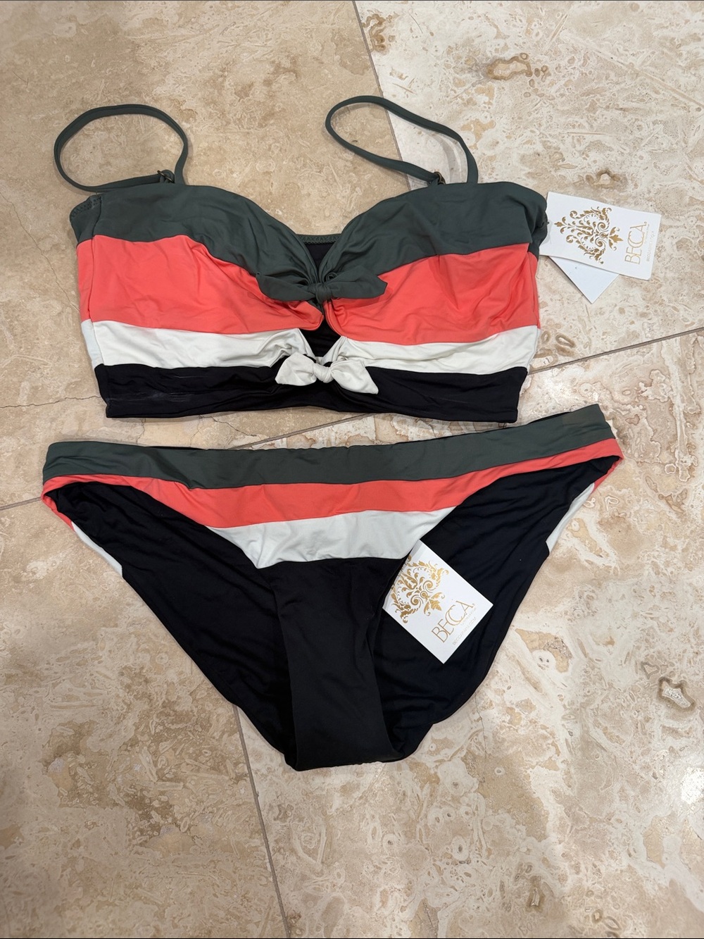 BECCA Colorblock Stripe Bikini Set - Coral, White, Black & Olive